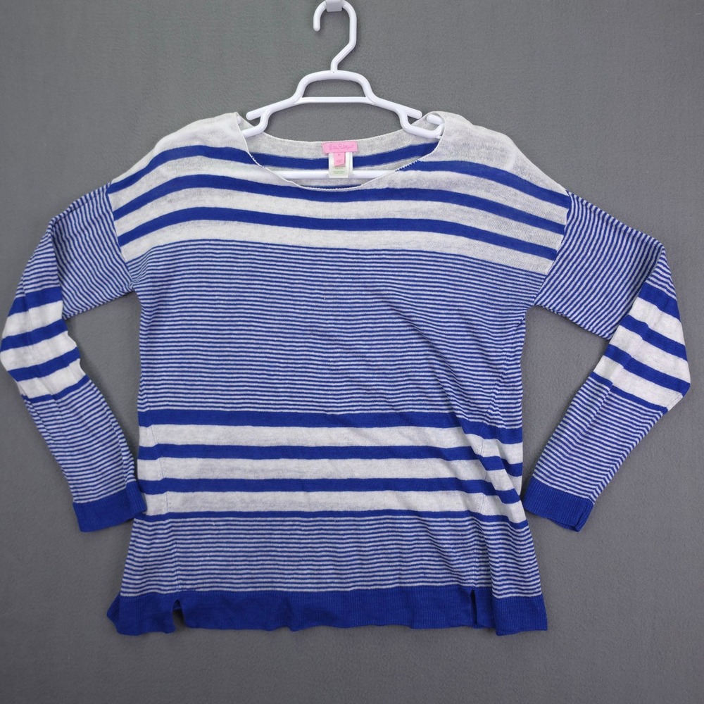 Lilly Pulitzer Sweater Linen Striped Blue White XL Long Sleeve Lightweight Knit